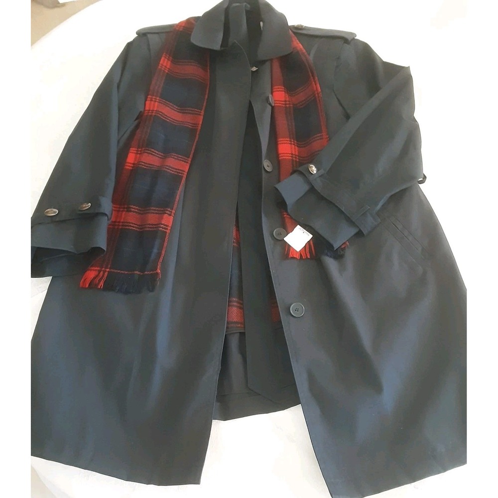 VTG Saxton Hall  Coat Jacket Navy Blue Womens 14P Paid Lined Scarf Trench Parka